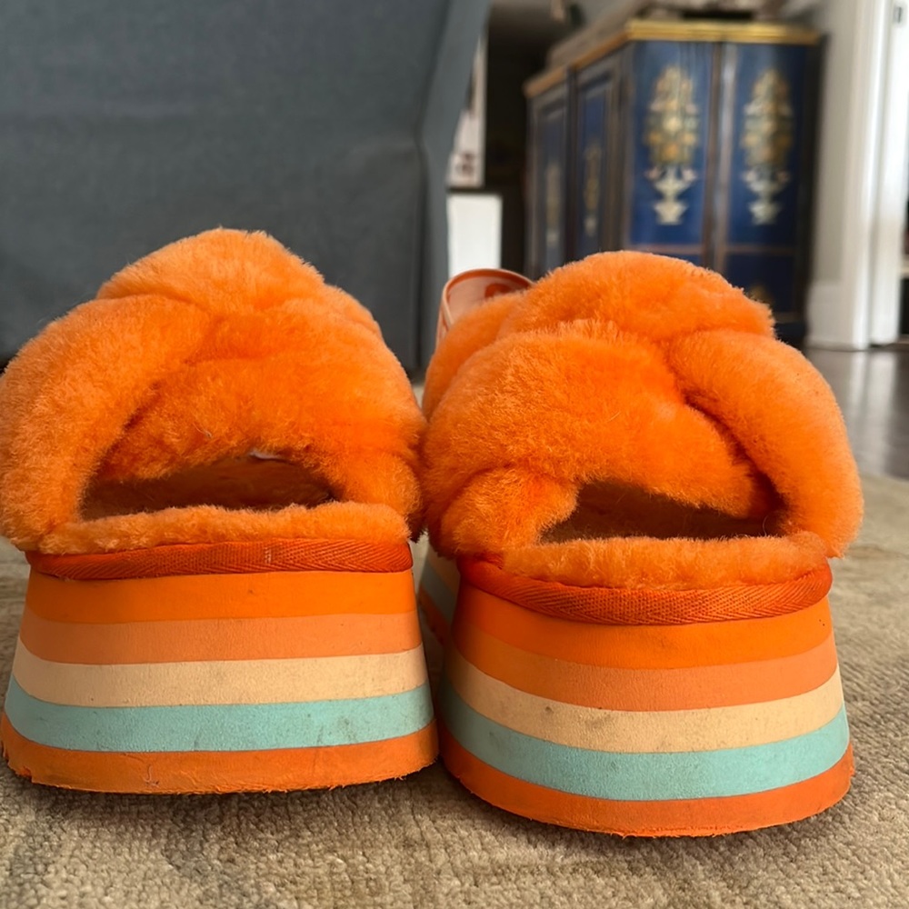 UGG Vibrant Orange Fluffy Slippers with Colorful Sole